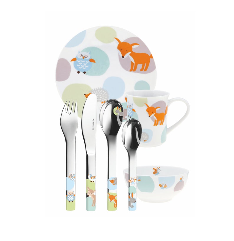 PURESIGNS ONE children's crockery set 7-piece WOODY forest animals engraved with names Cutlery set with engraving gift for birth Baptism Birthday image 1