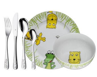 WMF Kids Cutlery SAFARI Animales personalizados, 6 piezas Wish Grabado Cubertería Set Zoo Nombre Grabado | Regalo para el nacimiento | Bautismo | Cumpleaños