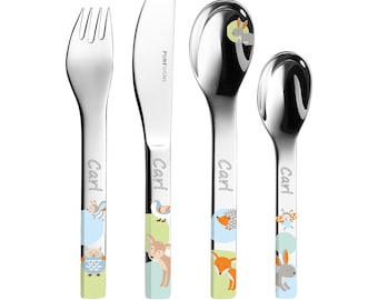 PURESIGNS ONE Nursery Cutlery 4-pcs WOODY Animales del bosque con nombre grabado conjunto de cubiertos con grabado ? Regalo de Nacimiento ( Birth Gift) Bautismo ? Cumpleaños