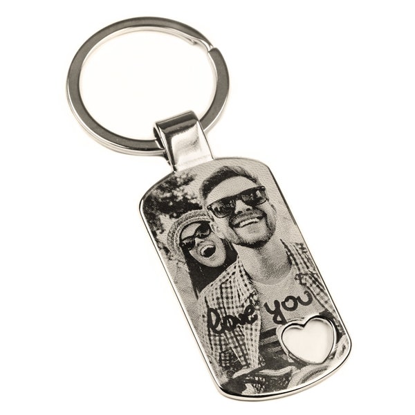 Schlüsselanhänger mit Gravur Heartkey mit Foto graviert Anhänger mit ausgestanztem Herz Metall Schlüsselanhänger personalisiert silber