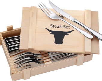 WMF Steakbesteck 12-teilig in Holzbox, Besteckset für 6 Personen, Grillbesteck mit Gravur, Geschenk Geburtstag | Grillmeister | Gastgeschenk