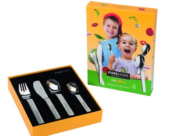 PURESIGNS Kinderbesteck 4-tlg ONE mini MATTIERT mit Namen graviert, Besteck Set mit Gravur | Geschenk zur Geburt | Taufe | Geburtstag