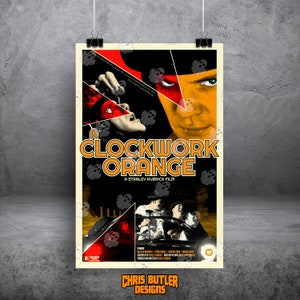 May include: A vintage movie poster for the film "A Clockwork Orange", a Stanley Kubrick film. The poster features a close-up of Alex, the main character, with a menacing expression. The poster is in a retro style with bold colors and geometric shapes.