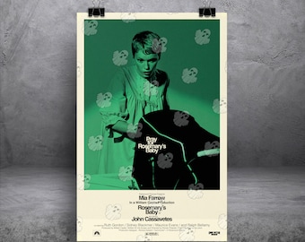 May include: A vertical movie poster for Rosemary's Baby featuring a green-tinted image of Mia Farrow looking down at a black baby carriage. The poster includes the text Pray for Rosemary's Baby, cast names, and a pattern of small white ghost icons.