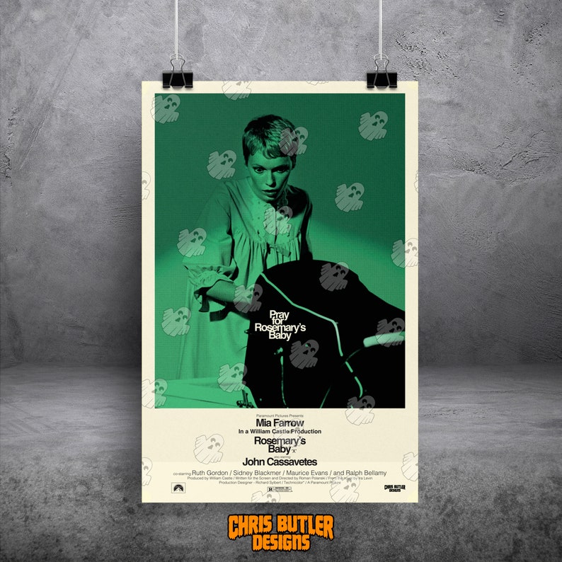 May include: A vintage movie poster for the film "Rosemary's Baby" featuring Mia Farrow in a green and white color scheme. The poster features the text "Pray for Rosemary's Baby" and the film's title in a bold font.