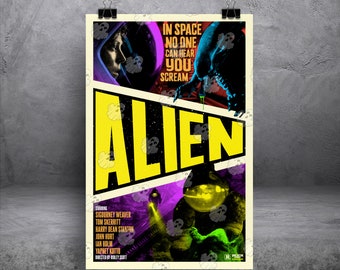 Puede incluir: Un póster de estilo retro para la película "Alien" con un título amarillo y negro con el lema "En el espacio nadie puede oírte gritar". El póster presenta un primer plano de la criatura alienígena y una mujer con un traje espacial.