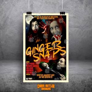 May include: A Ginger Snaps movie poster featuring two figures with red and dark hair, blood-stained hands, and a knife. The text reads: Out by 16 or dead in the scene, but together forever, Ginger Snaps, starring Emily Perkins, Katharine Isabelle, Kris Lemche, Mimi Rogers, Jesse Moss, and United against life as we know it.