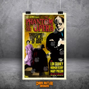May include: A vintage movie poster for "The Phantom of the Opera" featuring Lon Chaney, Norman Kerry, and Mary Philbin. The poster has a yellow background with red and black text. The Phantom is depicted in a black cloak with a white mask.