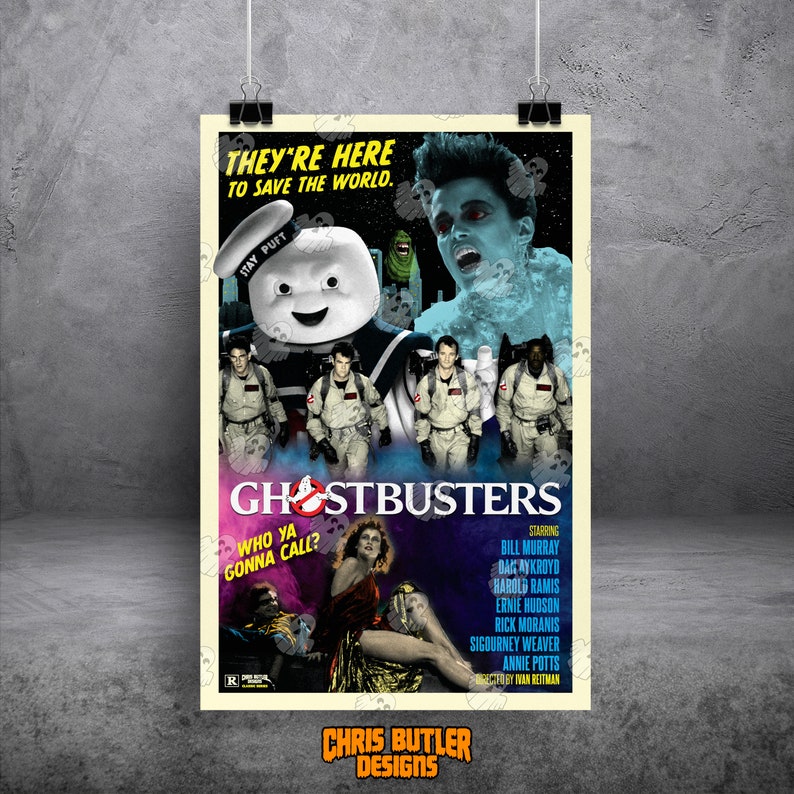 May include: A vintage-style poster for the movie Ghostbusters. The poster features the Ghostbusters team, the Stay Puft Marshmallow Man, and the villainous Zuul. The text on the poster reads "They're here to save the world." and "Who ya gonna call?"