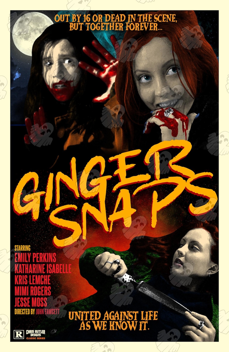 May include: A movie poster for Ginger Snaps featuring two individuals with red and dark hair, blood-stained hands, and a knife. The title Ginger Snaps is in large yellow letters. Text includes Starring Emily Perkins, Katharine Isabelle, and the tagline Out by 16 or dead in the scene, but together forever.