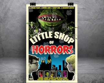 May include: A Little Shop of Horrors movie poster featuring a large green plant with sharp teeth at the top, a city skyline silhouette, and profiles of two people. The text reads A SINGING PLANT. A DARING HERO. A SWEET GIRL. A DEMENTED DENTIST.