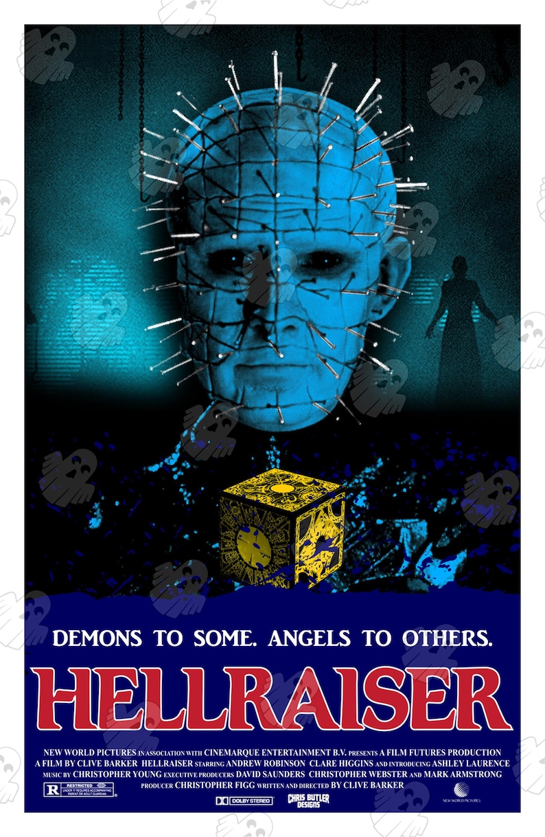 May include: A movie poster for the horror film Hellraiser. The poster features a blue and black image of a creature with a head covered in pins, a yellow and black cube, and the title "Hellraiser" in red letters. The text "Demons to some. Angels to others." is above the title. The poster also includes the film's credits, including the director, Clive Barker.