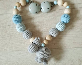 crochet stroller chain hippo pot "Hippo" blue, light blue, boy