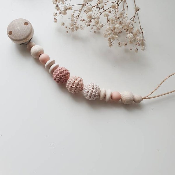 crochet pacifier necklace "pure" old pink,rust,blush,Marsalla red without name,heart