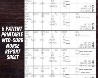 Five Patient Med-Surg Nurse Report Sheet Digital Download