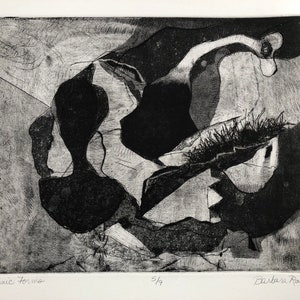 Intaglio print, zinc plate etching, on printmaking paper