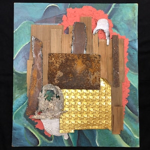 Mixed media assemblage. Original artwork with textured metals, wood and handmade paper.