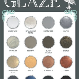May include: A chart showing 12 different Wise Owl Glaze colors. The colors are arranged in four rows of three. The colors are: White Wash, Opalescent Pearl, Driftwood, Silver, Stardust, Mortar, Black Walnut, Bronze, Champagne Gold, Gold, Rose Gold, Copper, Charcoal, Darkstar, Black, Black Pearl.