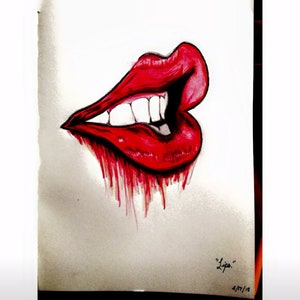 May include: A drawing of a red, open mouth with white teeth. Red paint drips from the bottom of the mouth. The drawing is signed "Lips" and dated 4/11/18.