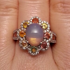 Bold sterling silver topaz spinel quartz flower ring, opalite, orange, red, yellow gems, impressive sparkling statement, 8 US size