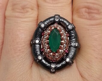 Unusual statement ring, sterling and bronze, pink topaz, emerald-like and diamond-like crystals, Victorian/antique style, intricate, size 7