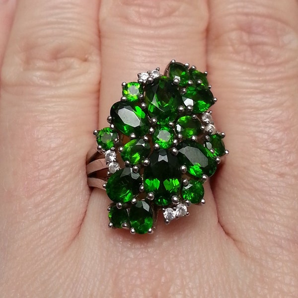 Beautiful sterling silver chrome diopside and white quartz sparklng ring, freeform bold and elegant statement, 8 US size,