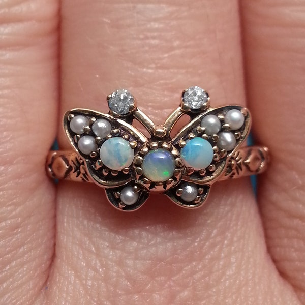 Elegant and rare 10k gold opal, diamond and seed pearl butterfly ring, wonderful colors and detail, 3.2 grams, 6.25 US size