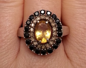 Unusual sterling silver engagement halo ring, citrine, white topaz, black quartz, stylish statement, vintage elegance, modern vibe,  8 US