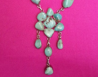 Rara collana in argento sterling con turchese, fusione unica di stile vittoriano + moderno + Navajo, pendente con frange gocciolanti, fiore, unica