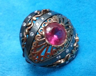 Striking sterling ruby ring, unusual design, diamond-like crystals, bronze highlights, unusual eye design, antique-looking style, size 7.5