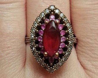 Charming sterling ruby ring, sparkling statement elegant design, silver and bronze, faceted crystals, Victorian/antique style, intricate 7.5