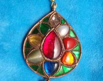 Striking Indian teardrop pendant+pearl freshwater and sterling set, vivid colors, tiny dangle ruby, emerald and pearl, impressive vintage