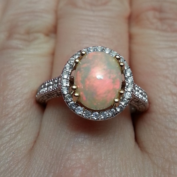 Spectacular sterling silver Ethiopian opal ring, fiery iridescent colors, white topaz sparkling gems, engagement halo beauty, 8 US size