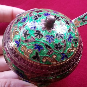 Antique silver enamel Indian salt cellar, container and spoon, iridescent green, blue, yellow, purple, colors, flowers, leaves, Mughal style
