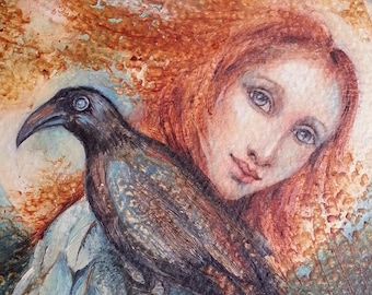 Original one-of-a-kind, hand-painted oil on canvas panel miniature, Marcia Snedecor 5x7 in, raven fairy, totem animal, full moon