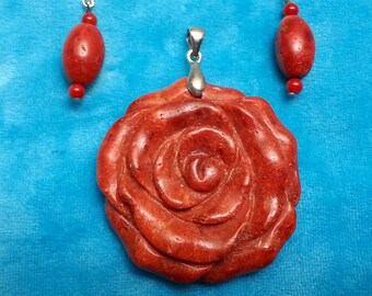 Beautiful sponge coral set: hand-carved large rose pendant, 18k white gold-plated bail, dangle coral earrings, vivid colors, new
