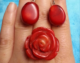Lovely natural coral set: dangle earrings and hand-carved rose adjustable ring, statement set, vibrant red color