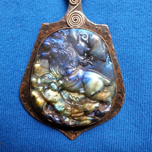 Unique fiery labradorite pendant, hand-carved lion and deer with stars, smoky bronze metal and 14k gold-filled spiral powerful one-of-a-kind