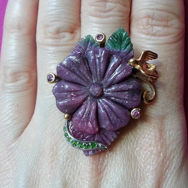 Unique sterling silver ruby zoisite hand-carved flower ring, 14k gold-platted, bird, rhodolite garnet, chrome diopside, 8 US size