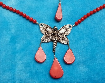 Unique coral fairy necklace, Green Girl Studio pewter fairy, teardrop coral dangles, charming and romantic piece