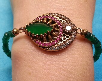 Sterling silver Ottoman rubies jadeite stretch bracelet, sparkling crystals, bold elegant design, beautiful colors, stackable, striking