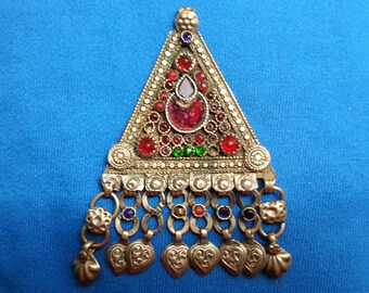 Beautiful tribal vintage dangle pendant, with red, green, and blue glass, heart-shaped dangles, silver-tone, beautiful,  36.4 grams