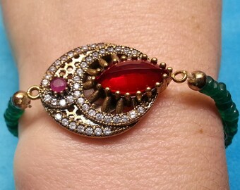 Sterling silver Ottoman ruby jadeite stretch bracelet, sparkling crystals, bold elegant design, beautiful colors, stackable, striking