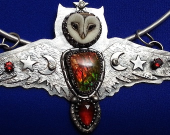 Magical sterling silver owl necklace, Laura Mears porcelain, ammolite, garnets, quartz, crescent moon, stars, sterling collar, mystery