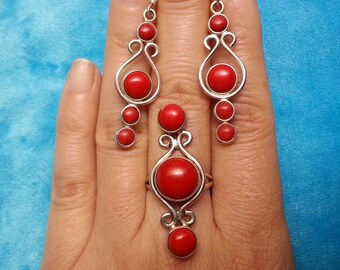 Sterling silver red coral set: dangle earrings and matching ring US size 6.5, lovely design, vivid red color