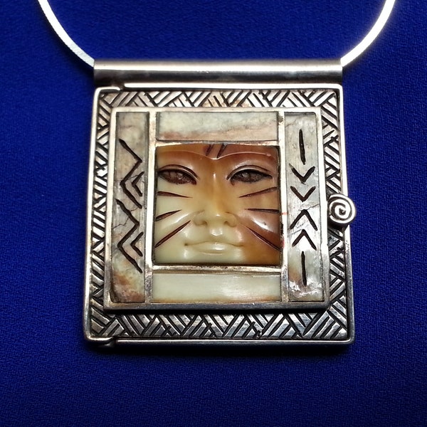 Striking Zealandia pendant locket, sterling silver cat goddess, hand-carved out of tagua nut, wonderful detail, boho ethnic vibe