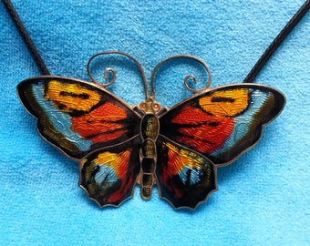 Exquisite large sterling silver David Andersen enamel vintage butterfly brooch, red, orange, and light blue, can be worn as a pendant too