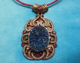 Spectacular Ottoman pendant, sterling and bronze, sparkling druzy titanium, rubies, emerald-like crystals, intricate statement piece