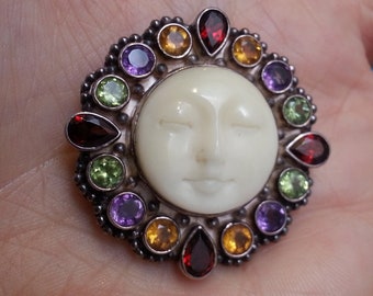 Spectacular sterling Sajen brooch pendant, sun moon goddess, carved bovine bone, superb sparkling garnet, peridot, citrine amethyst gems
