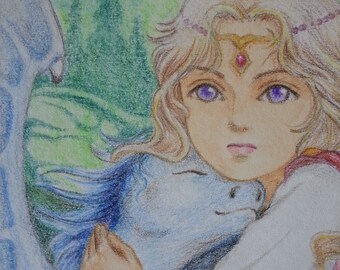 Original ACEO, one-of-a-kind hand-painted miniature, colored pencil, Allie Huang, fairy witch elf child and dragon, Medieval magic, anime